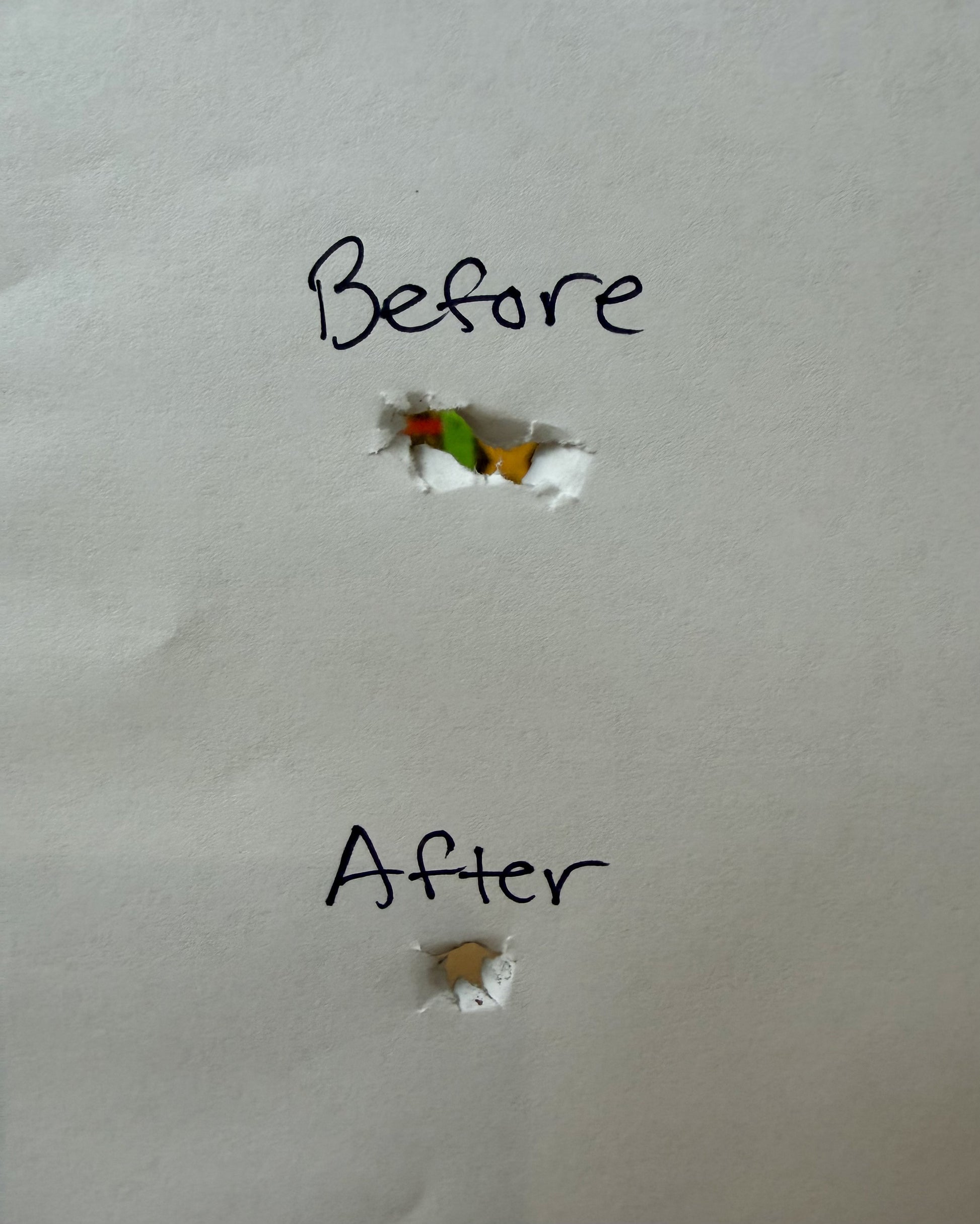 Comparison of bare-shaft arrow tears, before and after tuning is done with the Revelation Archery paper tuner.