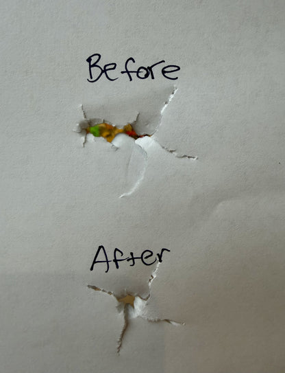 Comparison of fletched arrow tears, before and after tuning is done with the Revelation Archery paper tuner.